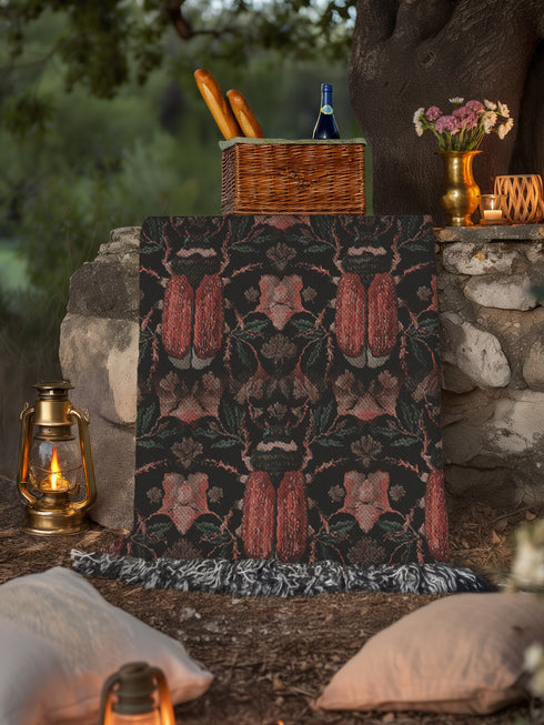 Luxurious woven cotton throw blanket featuring symmetrical scarab beetle pattern in terracotta on black background with white fringe detail. Perfect as gothic wall tapestry, dark academia decor, or cottagecore blanket for bedroom or living room.